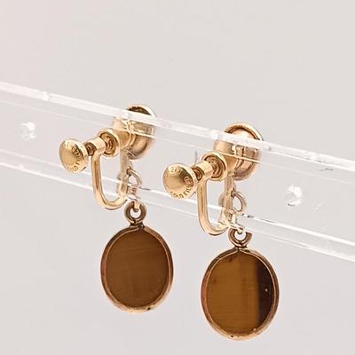 LOT 145: Gold Vermeil Sterling Dog Brooch 5.2g with 1/20 12K Gold-Filled and Tigers Eye Screw Back Earrings