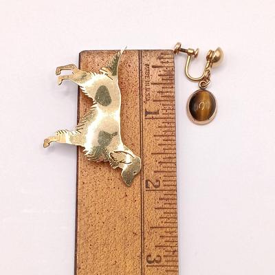 LOT 145: Gold Vermeil Sterling Dog Brooch 5.2g with 1/20 12K Gold-Filled and Tigers Eye Screw Back Earrings