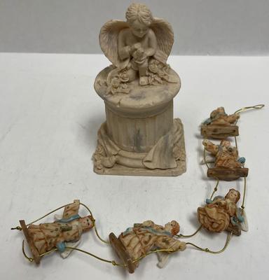 An Angel Lot- Angel upon column trinket box and sting of resin angel figurines