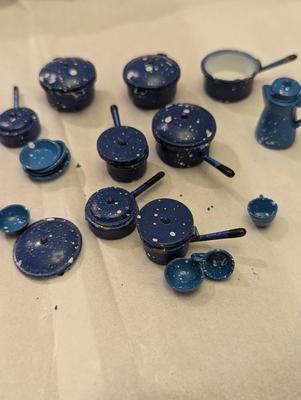Vintage Dollhouse Miniature Blue Enamel Metal Dishes