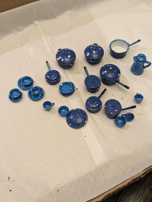 Vintage Dollhouse Miniature Blue Enamel Metal Dishes