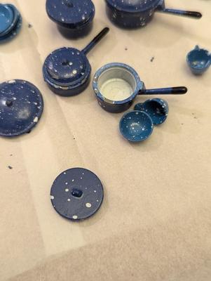 Vintage Dollhouse Miniature Blue Enamel Metal Dishes