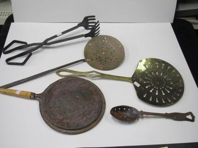 Vintage Kitchen Utensils Strainer Splatter Screen Victorian Brass Cream Skimmer Or Dairy Spoon