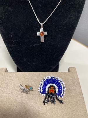 Vintage sterling cross necklace, roadrunner, pin, and vintage beaded pin