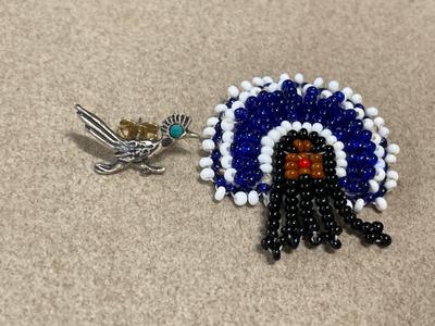 Vintage sterling cross necklace, roadrunner, pin, and vintage beaded pin