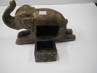 Happy Elephant Figurine Wood/Brass Trim With Hidden Compartment Approx 7" Tall