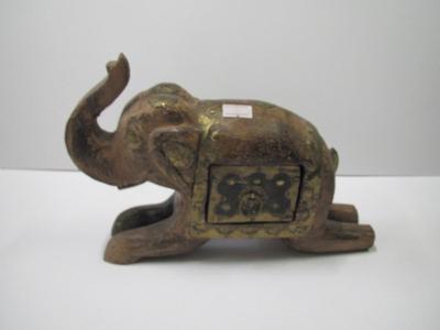 Happy Elephant Figurine Wood/Brass Trim With Hidden Compartment Approx 7" Tall