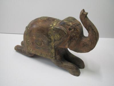 Happy Elephant Figurine Wood/Brass Trim With Hidden Compartment Approx 7" Tall