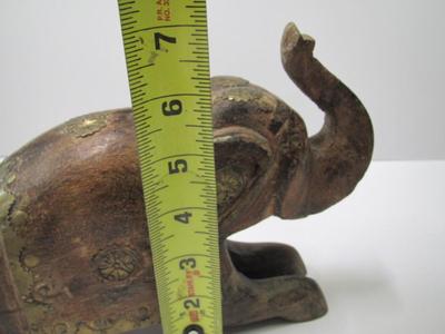 Happy Elephant Figurine Wood/Brass Trim With Hidden Compartment Approx 7" Tall