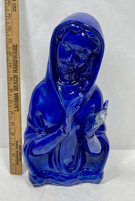 Large Statue Figurine Vintage Ceramic Madonna Cobalt Blue Glaze