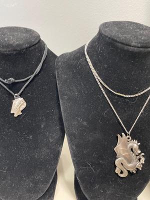 Mushroom pendant signed India & pewter dragon