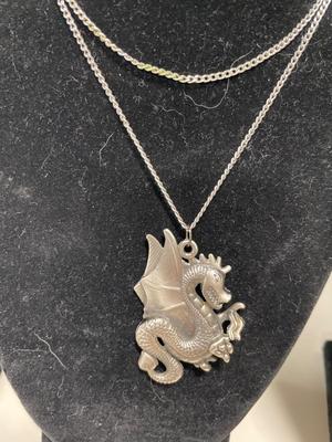 Mushroom pendant signed India & pewter dragon