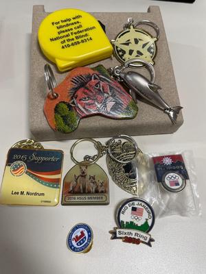 Keychains, tape measure and pins