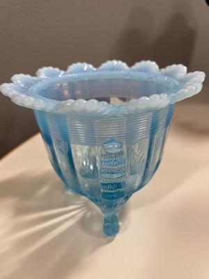 Northwood Klondyke Fluted Scrolls Blue Opalescent 3 footed Rose Bowl