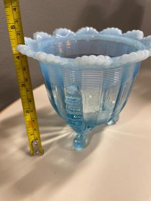 Northwood Klondyke Fluted Scrolls Blue Opalescent 3 footed Rose Bowl