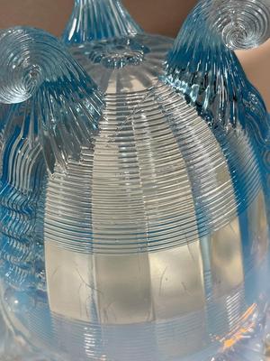 Northwood Klondyke Fluted Scrolls Blue Opalescent 3 footed Rose Bowl