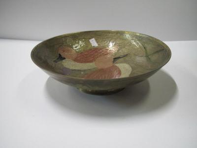 Vintage Brass Bowl With Enameled Birds Approx 9"
