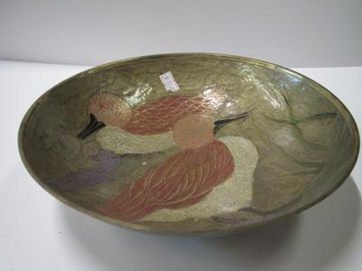 Vintage Brass Bowl With Enameled Birds Approx 9"