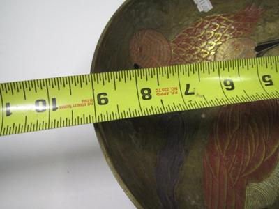 Vintage Brass Bowl With Enameled Birds Approx 9"