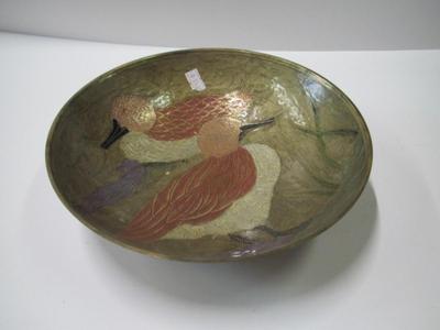 Vintage Brass Bowl With Enameled Birds Approx 9"