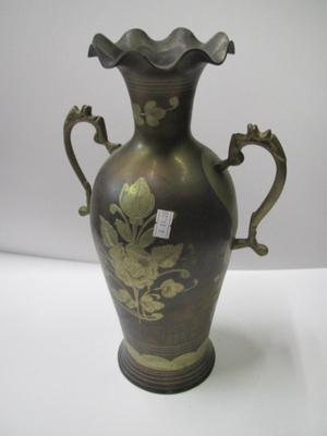 Approx 13" Tall Vintage Brass Double Handle Ruffled Etched Floral Vase