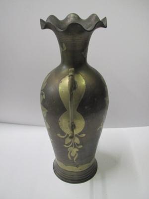 Approx 13" Tall Vintage Brass Double Handle Ruffled Etched Floral Vase