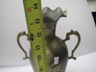 Approx 13" Tall Vintage Brass Double Handle Ruffled Etched Floral Vase