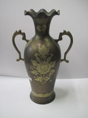Approx 13" Tall Vintage Brass Double Handle Ruffled Etched Floral Vase