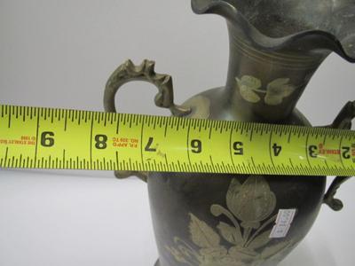 Approx 13" Tall Vintage Brass Double Handle Ruffled Etched Floral Vase