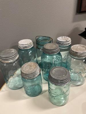 Vintage blue glass canning jars
