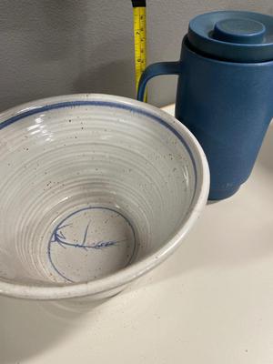 Signed Blue pottery, picture and bowl