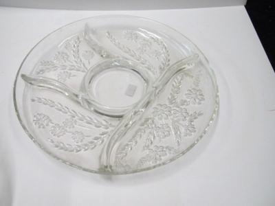 Vintage Round Glass Embossed Floral Design Relish Serving Dish Approx 12"