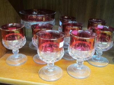 Vintage Kings Crown Ruby Red Ice Bucket & Thumbprint Clear Glass Cordials Glasses