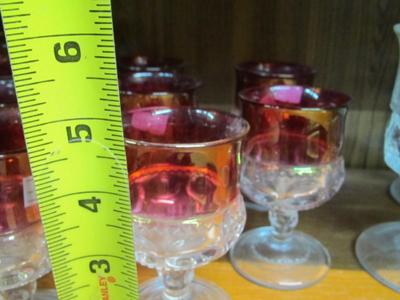 Vintage Kings Crown Ruby Red Ice Bucket & Thumbprint Clear Glass Cordials Glasses