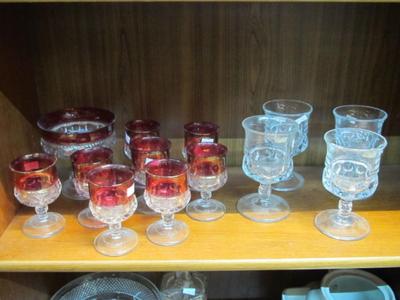 Vintage Kings Crown Ruby Red Ice Bucket & Thumbprint Clear Glass Cordials Glasses
