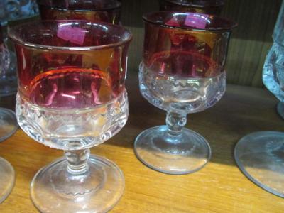 Vintage Kings Crown Ruby Red Ice Bucket & Thumbprint Clear Glass Cordials Glasses
