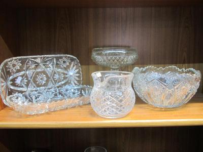 L E Smith Pinwheels Serving Bowl Anchor Hocking Rectangular Tray Cut Glass Small Pitcher & Candy Dish Pedestal