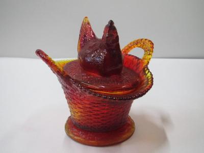 Westmoreland Hen On Nest Basket Red Amberian Glass Approx 5" Tall