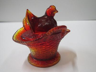 Westmoreland Hen On Nest Basket Red Amberian Glass Approx 5" Tall