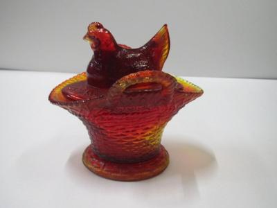 Westmoreland Hen On Nest Basket Red Amberian Glass Approx 5" Tall