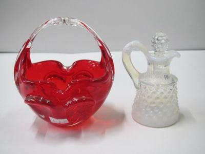 Murano Art Glass Hand Blown Basket & Fenton Glass Hobnail French Opalescent Cruet