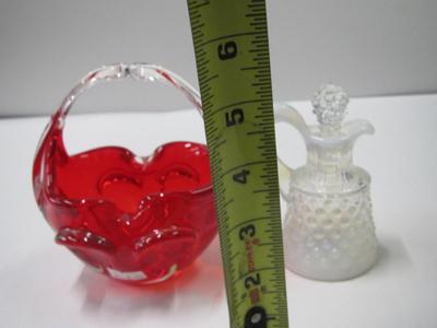 Murano Art Glass Hand Blown Basket & Fenton Glass Hobnail French Opalescent Cruet