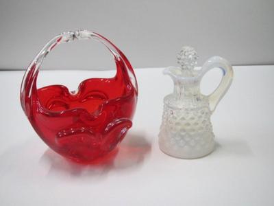 Murano Art Glass Hand Blown Basket & Fenton Glass Hobnail French Opalescent Cruet