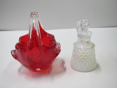 Murano Art Glass Hand Blown Basket & Fenton Glass Hobnail French Opalescent Cruet
