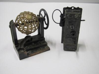 Vintage Metal Pencil Sharpeners Lottery Ball & Telephone 3" Tall