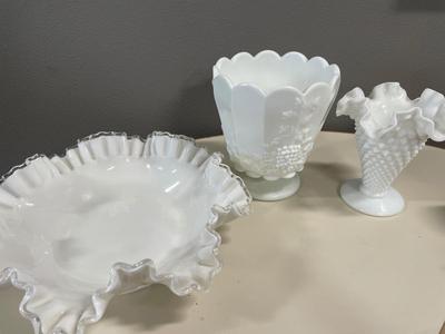 Milk glass vases and Fenton bowl