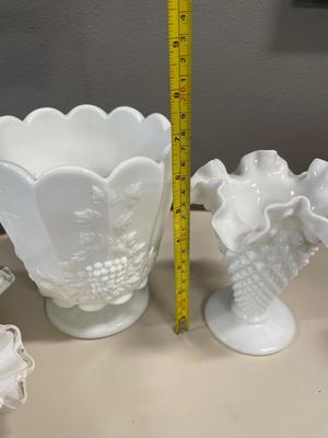 Milk glass vases and Fenton bowl