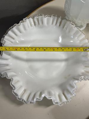 Milk glass vases and Fenton bowl