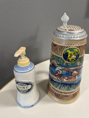 Wood duck stein & pottery soap dispenser