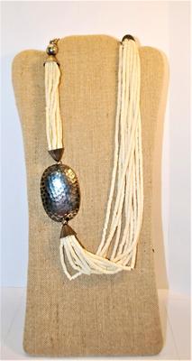 Oval Silver Tone Puffed Metal Accent Necklace with a White Beads 10-String 26" L